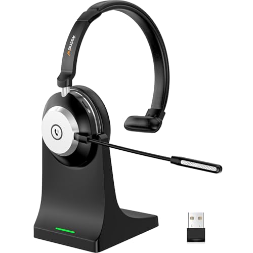 Wantek Bluetooth-Headset mit Mikrofon für PC, V5.2, Kabelloses Headset mit Rauschunterdrückungs-Mikrofon, USB-Dongle, Ladestation und Stummschalttaste für Arbeit, Handys, Computer