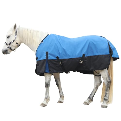 Gallopoff 1200D Reißfeste Pferdedecke ohne Füllung (0g), Leichte, wasserdichte und Atmungsaktive Regendecke für Pferde, Outdoordecke Pferd Blau-Schwarz 145 cm