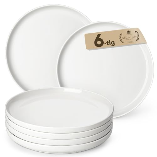 MALACASA LUNA Teller Groß für 6 Personen, Ø 26 cm Speiseteller aus weißem Porzellan, Teller Set, Geschirr für Spülmaschine und Mikrowelle, Servierteller mit erhöhtem Rand