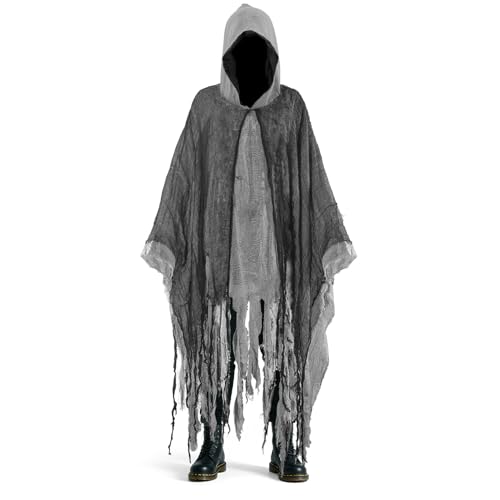 Gruselige Geist Umhang mit Kapuze,Halloween Geister Kostüm Erwachsene 150cm Grau Schwarz Geister Umhang Halloween Cape Herren Damen Sensenmann Gespenstischer Outfit Fasching Party