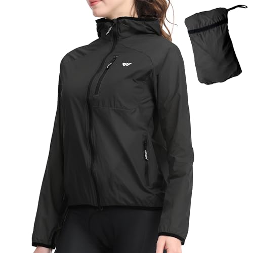Wulibike Fahrradjacke Damen Faltbare Regenjacke Leicht und Atmungsaktiv Laufjacke Reflektierende Windbreaker für Radfahren,Trekking und Outdoor Schwarz A6=XXL