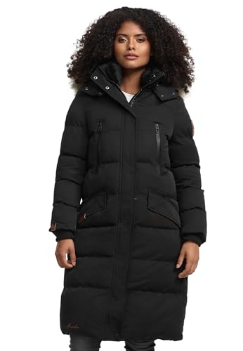 MARIKOO lange Damen Winterjacke warmer Parka gesteppt mit Kapuze B890 [B890-Schneestern-Schwarz-Gr.M]