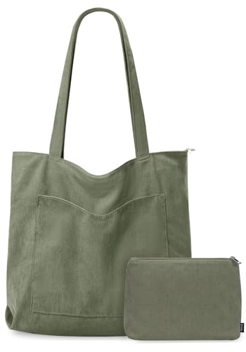 GASSDA Handtasche Damen Groß Shopper Tasche Damen Cord Tasche Tote Bag mit Reißverschluss für Arbeit Einkaufen Fitness Reisen (A-Dunkelgrün)