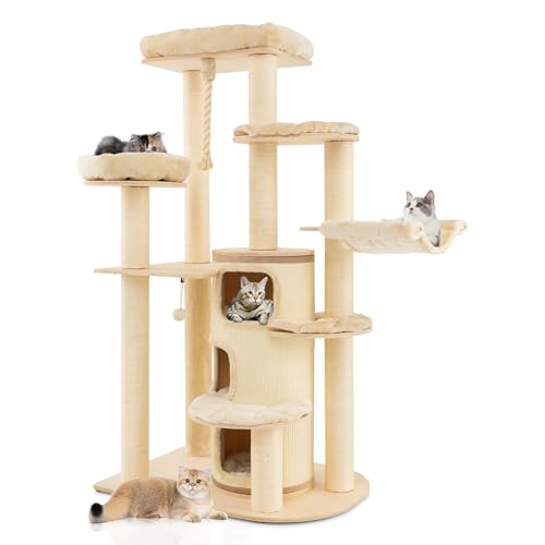 SOARS Kratzbaum groß, 173 cm Katzenbaum mit großer Liegefläche, 11 cm dickem Stamm, Höhlen, Hängematte, Plüschplattform, Hängebällen, mehrstöckiger Katzenkratzbaum, Kletterbaum für Katzen (Beige)