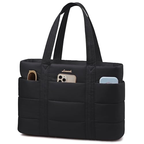 LOVEVOOK Laptoptasche Damen 15,6 Zoll, Shopper Tasche Puffer Handtasche Arbeitstasche Groß Tote Bag, Lehrertasche Schultertasche Bürotasche Aktentasche Women Handbags für Uni Business Schule, Schwarz
