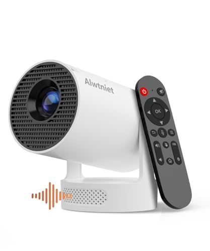 Alwtniet Mini Projektor, Mini Beamer 4K Unterstützt, Wi-Fi 6 und Bluetooth 5.4, 5W Lautsprecher, Automatischer Trapezkorrektur, 180° drehbar, tragbarer Projektor für Zuhause und draußen Android 11