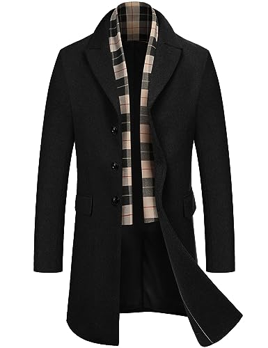 COOFANDY Herren Mantel Wintermantel Wollmantel Mantel Business Lange Trenchcoat Jacken Winterjacke Lässige Windjacke Reversjacke mit Gekerbtem Kragen, Einreihiger Cabanmantel Schwarz M