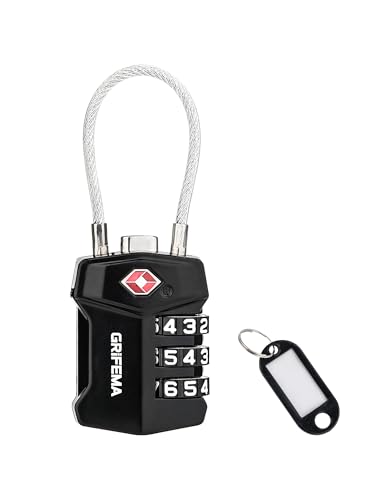 GRIFEMA TSA-zertifiziertes 3-stelliges Zahlenschloss, Flexibles Stahlkabel für Koffer, Reisegepäck und Rucksäcke (1er Pack, GA1006)