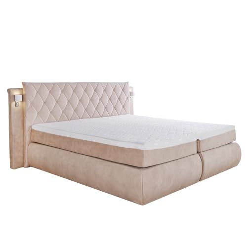 Riess Ambiente Design Boxspringbett Palazzo - 180x200cm - Champagner beige - Samt Bettkasten LED-Beleuchtung