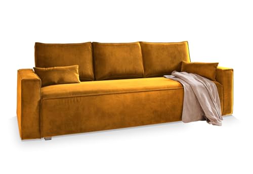 Masseno Sofa ALATRI mit Schlaffunktion, Sofa mit Bettkasten, Wohnzimmersofa, Couch, Soffa, Bettsofa, Couchgarnitur- Gelb, Monolith 48
