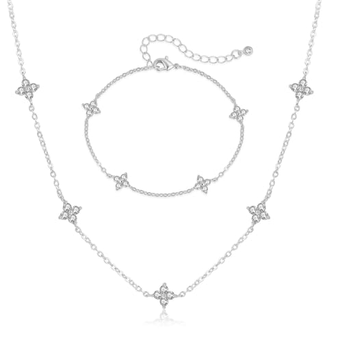 XFSRG Vierblättriges Kleeblatt Schmuck Set 18 Karat Vergoldet Verstellbare Choker Halskette Armband Set mit Zirkonia Zierliches Hochzeit Braut Schmuck Geschenke für Damen und Mädchen (Silber)