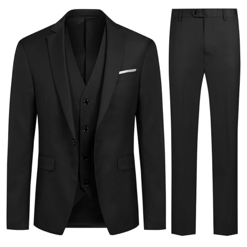 Allthemen Anzug Herren Slim Fit 3 Teilig Anzüge Modern Herrenanzug 3-Teilig Sakko Hose Weste Business Hochzeit Schwarz XL