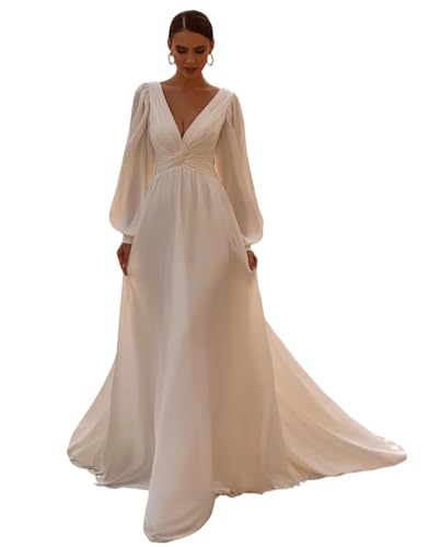 JAEDEN Brautkleid Langarm Chiffon Standesamtkleider V-Ausschnitt Schlichte Brautkleider Elfenbein 46