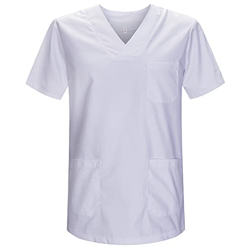 MISEMIYA - Medizinische Uniformen Unisex Top Krankenschwester Krankenhaus Berufskleidung - Large, Weiß