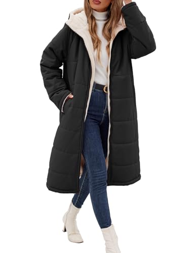 VXVGER Damen-Wintermantel, Fleece, lange Mäntel, Jacken, übergroß, warme Daunenjacke mit Kapuze, Schwarz, XX-Large