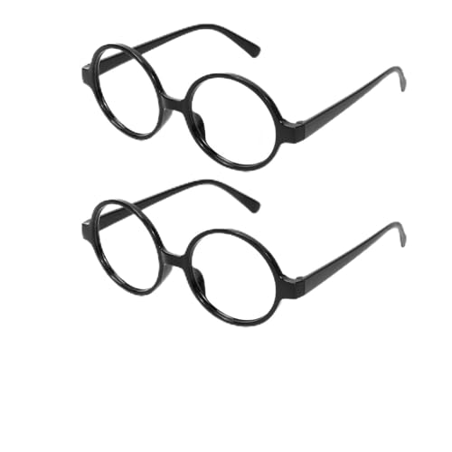 HUKUMA Runde Brille Tattoo Aufkleber, Brillenrahmen Ohne Linsen Spielzeugbrille, Ohne Stärke Zauberer Gläser mit Rundem Rahmen, Lustige Nerd Kostüm Zubehör für Karneval Halloween Mottoparty Cosplay