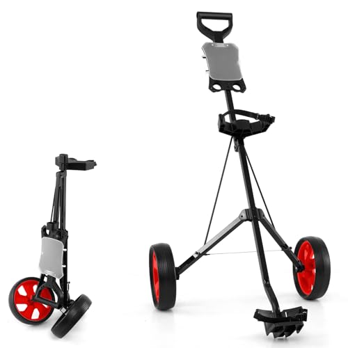 LIFEZEAL 2 Rad Golftrolley Klappbar, Golfwagen mit Anzeigetafel, Golf Push Cart aus Eisen, Golfcaddy Golfkart mit Verstellbarer Gurt (Rot)