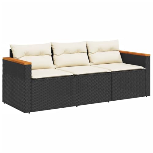 vidaXL Gartensofa 3-Sitzer, Loungesofa Sofa mit mit Kissen, Sitzgruppe Stahlrahmen, Gartenmöbel Lounge Rattanmöbel, Schwarz Poly Rattan