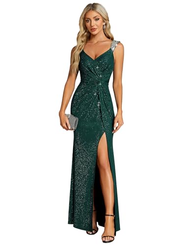 Ever-Pretty Lang Abendkleid Damen Pailletten Weihnachtskleid A-Linie Seitenschlitz Bodycon Cocktail für Hochzeit Dunkelgrün 44