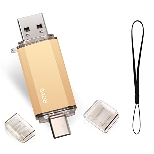 Type C USB Stick 64gb, OTG USB C Speicherstick 64GB 2-in-1 Type C Flash Laufwerk 64 GB Mini Memory Stick Externe Pen Drive für MacBook Pro, Android Handy, Pad, Laptop UND Computer (Gold)