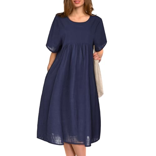 BSBUY Sommerkleid Damen Übergröße Sommerkleider Baumwolle Kleider Midikleid mit Taschen Casual Lose Freizeitkleid Kleid Kurzarm Strandkleid für Zuhause Ausgehen Spazieren Shoppen Schlafen (Marine,XL)