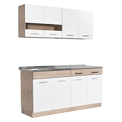 Homestyle4u 2354, Küchenschrank mit Arbeitsplatte, Küchenzeile ohne Elektrogeräte, Eiche Holz Weiß 160 cm