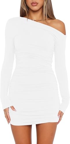 Wenrine Damen Kleider Sexy Schulterfrei Partykleid Langarm Minikleid Rüschen Bodycon Hochzeitsgast Cocktailkleid(Weiß, S)