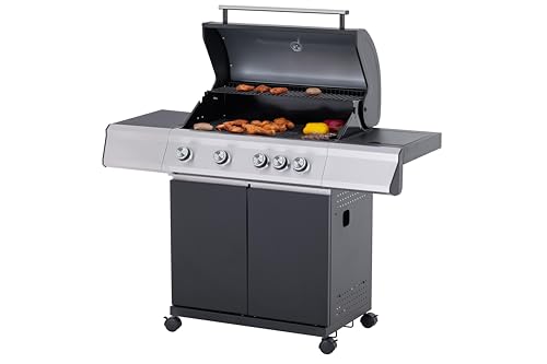 Tarrington House BBQ Gas-Grill PAXTON, 4-Brenner-Gasgrill mit Seitenbrenner, schwarz, Warmhaltegitter, 11kg Gasflasche für Outdoor, Balkon, Camping
