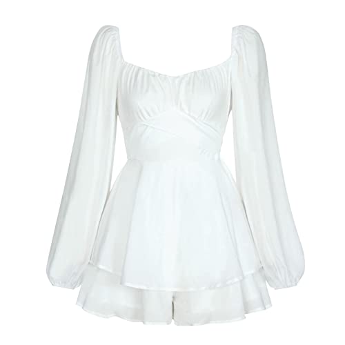 Piratenkostüm Damen Piratenkleid Weißes Piraten Kleid Sexy Elegant Langarm Boho Chiffon Strampler Shorts Minikleid Overall Festlich Hochzeit Partykleid Kurz Jumpsuit Playsuit Herbstkleid Weiß S