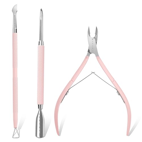 Makartt Nagelhautzange mit nagelhautentferner - 3 Pcs Rosa Cuticle Remover Tool, Professionelle nagelhautschere set mit Edelstahl-Nagelhaut Trimmer, Doppelend Nagelhautschieber und Nagelschaber