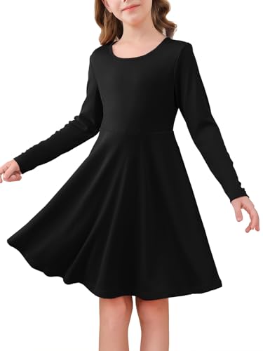 Haloumoning Mädchen Kleid Langarm Rundhals Freizeitkleid A-Linie Elegant Partykleider Einfarbig Casual Midikleid Festlich Hochzeit Kinder Kleider 5-14 Jahre, Schwarz, 13-14 Jahre