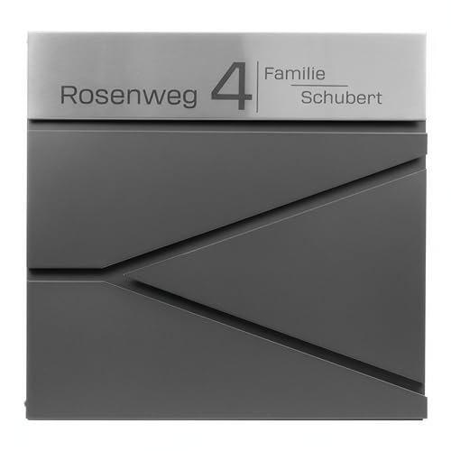 Grafner Premium Briefkasten personalisiert, RAL7016 mit Zeitungsfach und 2 Schlüssel, moderner Postkasten mit Name Straße Hausnummer, anthrazitgrau Wandbriefkasten graviert, mit Montagematerial