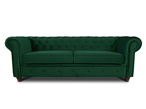 Sofnet Sofa Chesterfield Asti 3-Sitzer, Couch 3-er, Glamour Design, Couchgarnitur, Sofagarnitur, Holzfüße, Polstersofa - Wohnzimmer, Velours (Dunkelgrün (Velvet 78))
