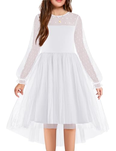 Arshiner Festliches Kleid Mädchen Weiß Kommunionkleid Hochzeit Blumenmädchenkleider Halloween Partykleid Kinder Langarmkleid Winter Tullkleid 10-12 Jahre