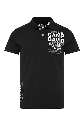Camp David Herren Kurzarmpolo aus Pikee mit Artworks Black, XXL