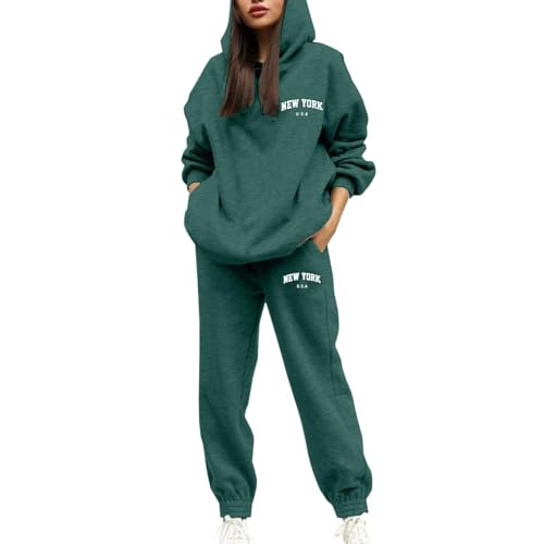 Jogginganzug Damen Einfarbig Langarm Sweatshirt Mit Kapuze 2-Teiliges Jogginghose Und Hoodie Zweiteiler Elegant Hausanzug Baumwolle Trainingsanzug Sportanzug Gym Outfit Lounge Set Schwarzgrün L