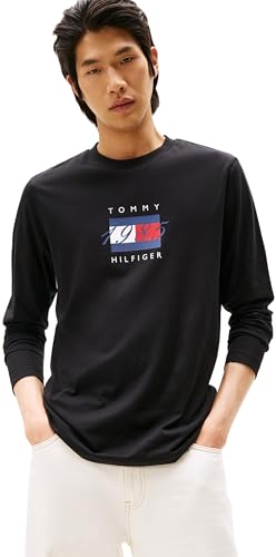 Tommy Hilfiger Herren Langarmshirts Linear Flag Graphic Regular Fit, Schwarz (Black), XXL