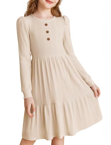 PATPAT Mädchen Kleid Langarm: Strickkleid Festlich Kinderkleider Elegant Prinzessin Kleid für Mädchen Geburtstag Fest Alltagskleid Schule Teenager Kleider, Aprikose 9-10 Jahre 134-140 cm