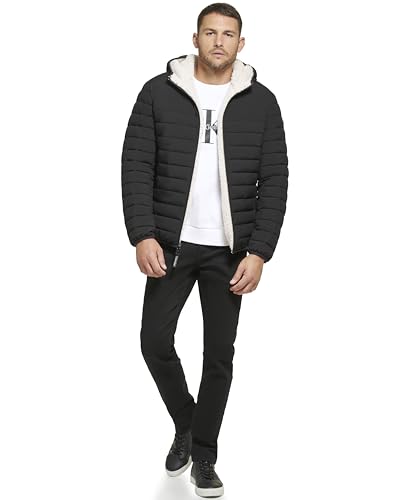 Calvin Klein Herren Mid-Weight Sherpa Lined Puffer Jacke, Daunen mit Kapuze, Ebenholz, M