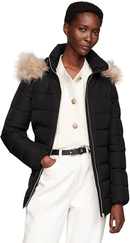 Tommy Hilfiger Damen Steppjacke Heritage Down Tyra Jacket With Fur Lang, Schwarz (Black), S