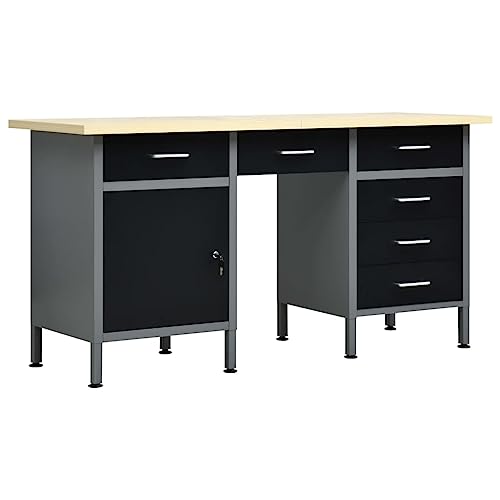 Emmtore Arbeitstisch mit 6 Schubladen 1 Schrank Höhenverstellbare Füße Werkstatt Werkbank Werktisch Packtisch Schwarz 160x60x85cm Stahl