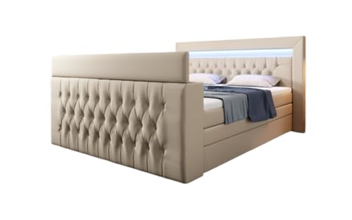 Boxspringbett Sonino 160x200 Doppelbett Polsterbett Bett mit TV Lift, RGB-Beleuchtung und Stauraum | Bezug: Polyester | Farbe: Beige | Härtegrad: H3 (70-100kg)