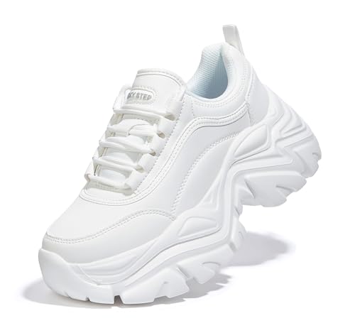 LUCKY STEP Chunky Turnschuhe für Damen, modische Plateau-Lässige Schuhe, Bequeme Keilabsatz Sneaker (Weiß, 9US-40EU-7UK)