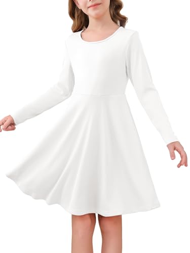 Haloumoning Mädchen Kleid Langarm Rundhals Freizeitkleid A-Linie Elegant Partykleider Einfarbig Casual Midikleid Festlich Hochzeit Kinder Kleider 5-14 Jahre, Weiß, 11-12 Jahre