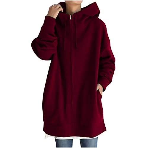 Masrin Winterjacke mit Kapuze Damen Lang Einfarbige Sweatjacke mit Taschen Wintermantel in Übergröße Übergangsjacke mit Reißverschluss Warm Kapuzenjacke Plüsch Outdoorjacke Trenchcoat S-5XL