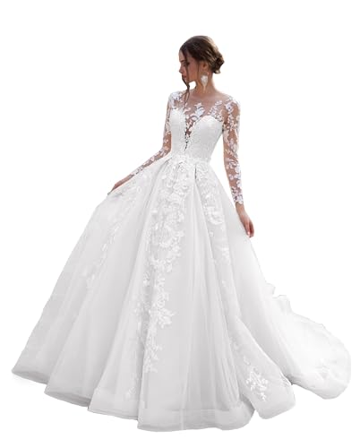 JAEDEN Brautkleider Prinzessin Langarm Hochzeitskleid A-Linie Standesamtliche Trauung Kleid mit Schleppe Weiß 38