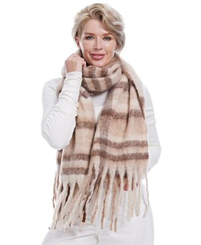 DiaryLook Karierter Warmer Deckenschal für den Winter, Lange Damen Schals, kariert, weich, Wolle, Tartan für Frauen,Beige Plaid