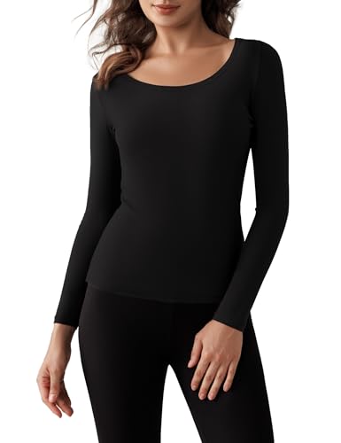 Harlamvar Rundhalsausschnitt Warme Thermounterwäsche Damen Winter Langarm Thermounterhemd Pullover Basisschicht Thermohemd Schwarz