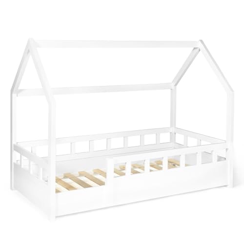 IDMarket - Kinderbett Baumhaus 80 x 160 cm NEREE weiß mit Lattenrost und Gitter