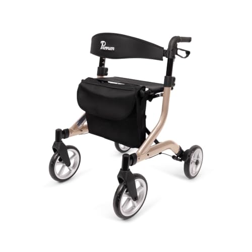 Parvum SuperLight Rollator – ultraleicht (5,1 kg), aus Aluminium, faltbar, (74 × 64 cm), mit Sitz & Rückenlehne, versteckten Bremskabeln – ideal für Alltag & Reise - Gehhilfe für Senioren - Champagner